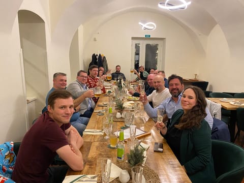 Team dinner at a long table